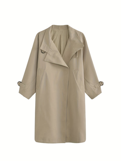 Sixsr Solid Open Front Trench Coat, Casual Long Sleeve Long Length Outwear, Women's Clothing