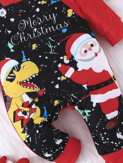 Baby's Cartoon Christmas Dinosaur Santa Pattern Faux Two-piece Long Sleeve Romper, Toddler & Infant Boy's Bodysuit, Suitable For Daily & Outdoor Wear