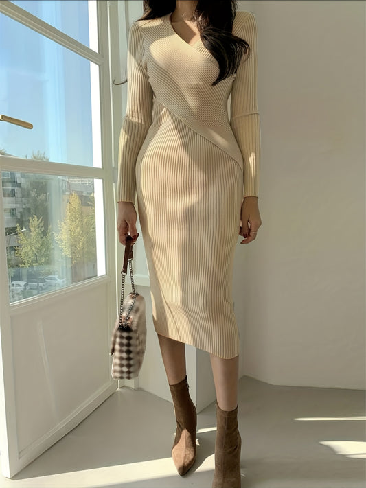 Solid Rib Knit Dress, Vintage Elegant Long Sleeve Bodycon Dress, Women's Clothing