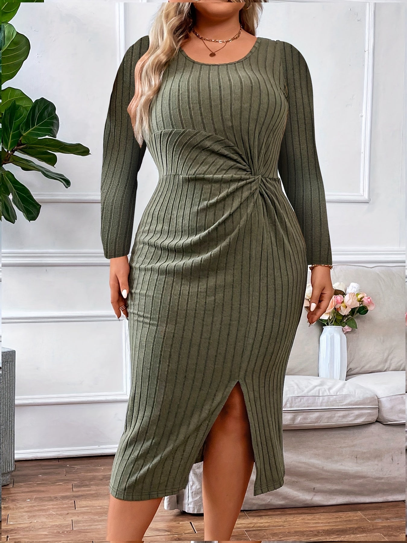 Sixsr Plus Size Sexy Dress, Women's Plus Solid Ribbed Twist Front Long Sleeve Round Neck Split Hem Bodycon Midi Dress
