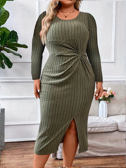 Sixsr Plus Size Sexy Dress, Women's Plus Solid Ribbed Twist Front Long Sleeve Round Neck Split Hem Bodycon Midi Dress