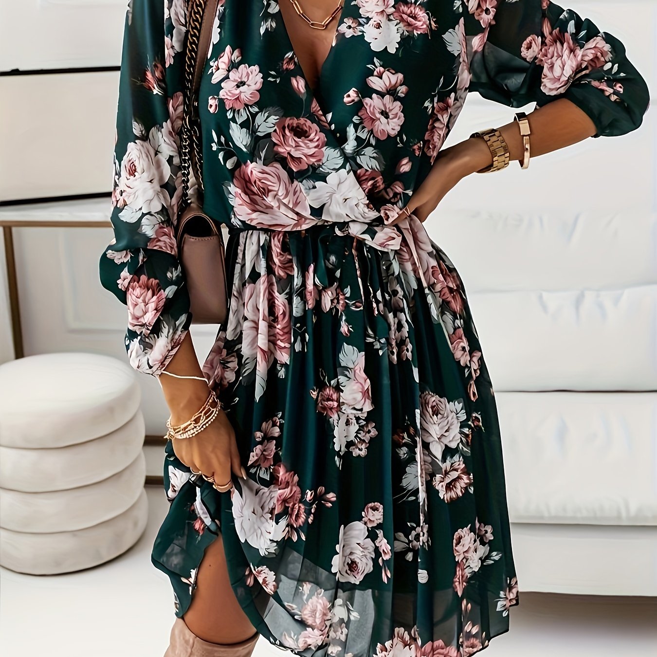 Floral Print Split Hem A-line Dress, Vintage V Neck Long Sleeve Dress, Women's Clothing