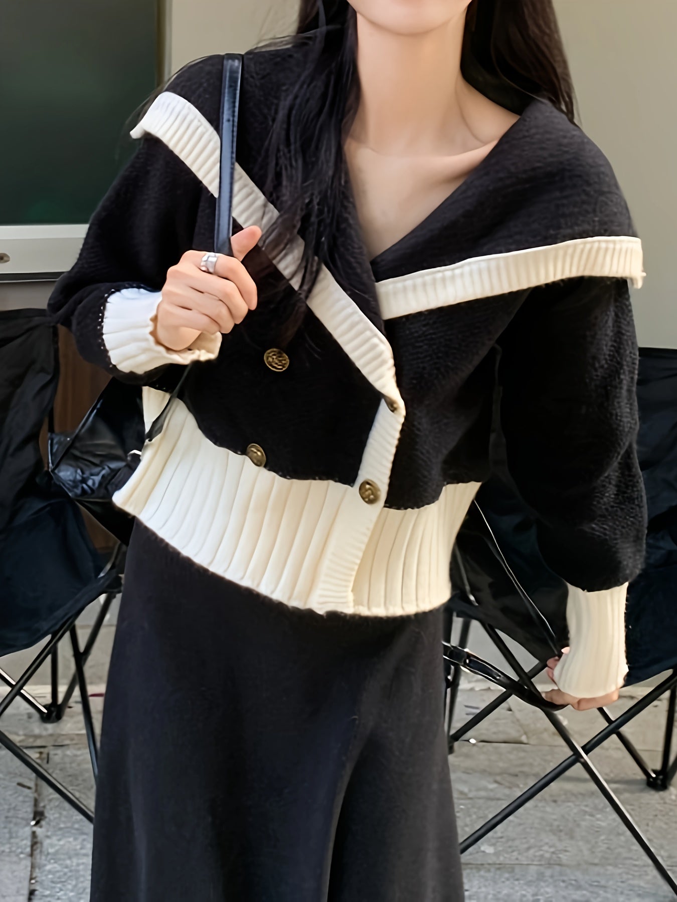 Sixsr Color Block Double Breasted Knit Cardigan, Casual Collared Long Sleeve Thick Sweater, Women's Clothing