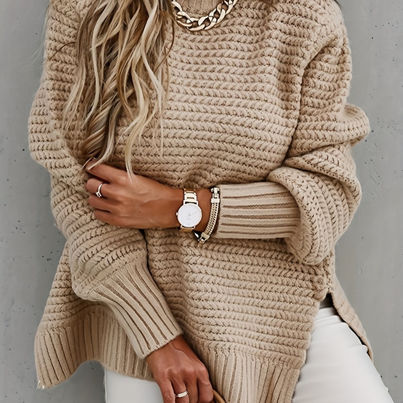 Sixsr Solid Mock Neck Chunky Knit Sweater, Casual Long Sleeve Split Pullover Sweater For Fall & Winter, Women's Clothing