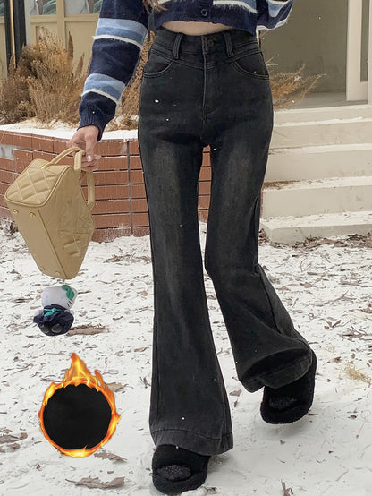 Sixsr Plush Lined Washed Flare Jeans, Keep Warm Stretchy Bell Bottom Jeans, Women's Denim Jeans & Clothing