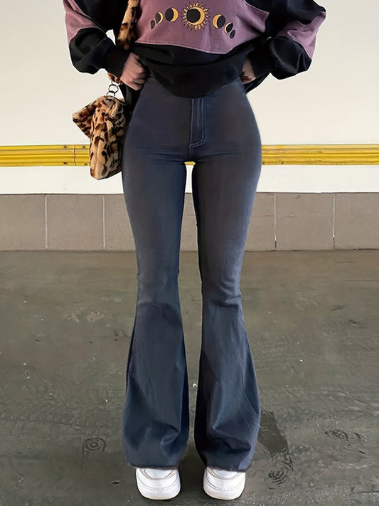 Sixsr Denim Print Flare Leg Pants, Vintage High Waist Pants For Fall & Winter, Women's Clothing