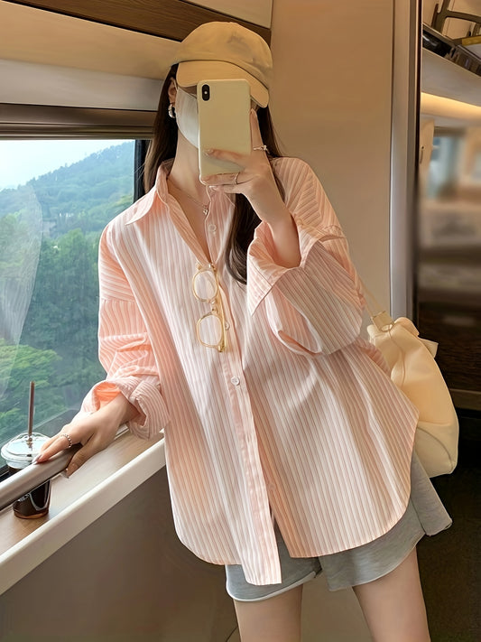 Sixsr Stripe Print Button Front Shirt, Casual Long Sleeve Shirt For Spring & Fall, Women's Clothing