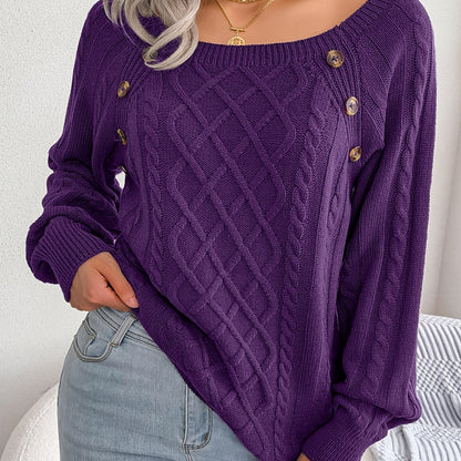 Cozy Women's Sweater with Textured Button Lantern Sleeves