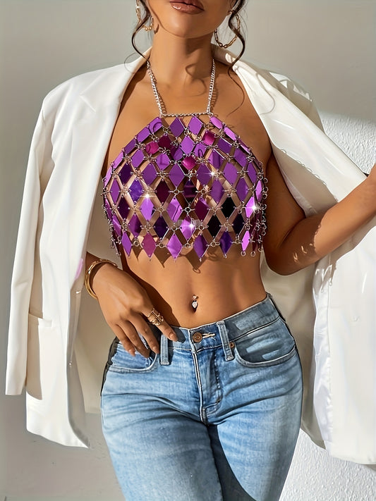 Sixsr  Sequin Decor Crop Halter Top, Casual Chain Summer Sleeveless Top, Women's Clothing
