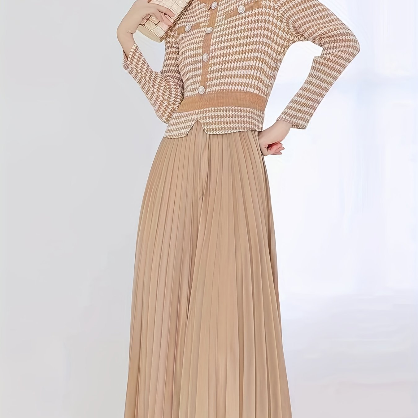 Sixsr Houndstooth Print Pleated Dress, Elegant Crew Neck Short Sleeve Dress, Women's Clothing