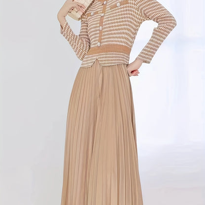 Sixsr Houndstooth Print Pleated Dress, Elegant Crew Neck Short Sleeve Dress, Women's Clothing