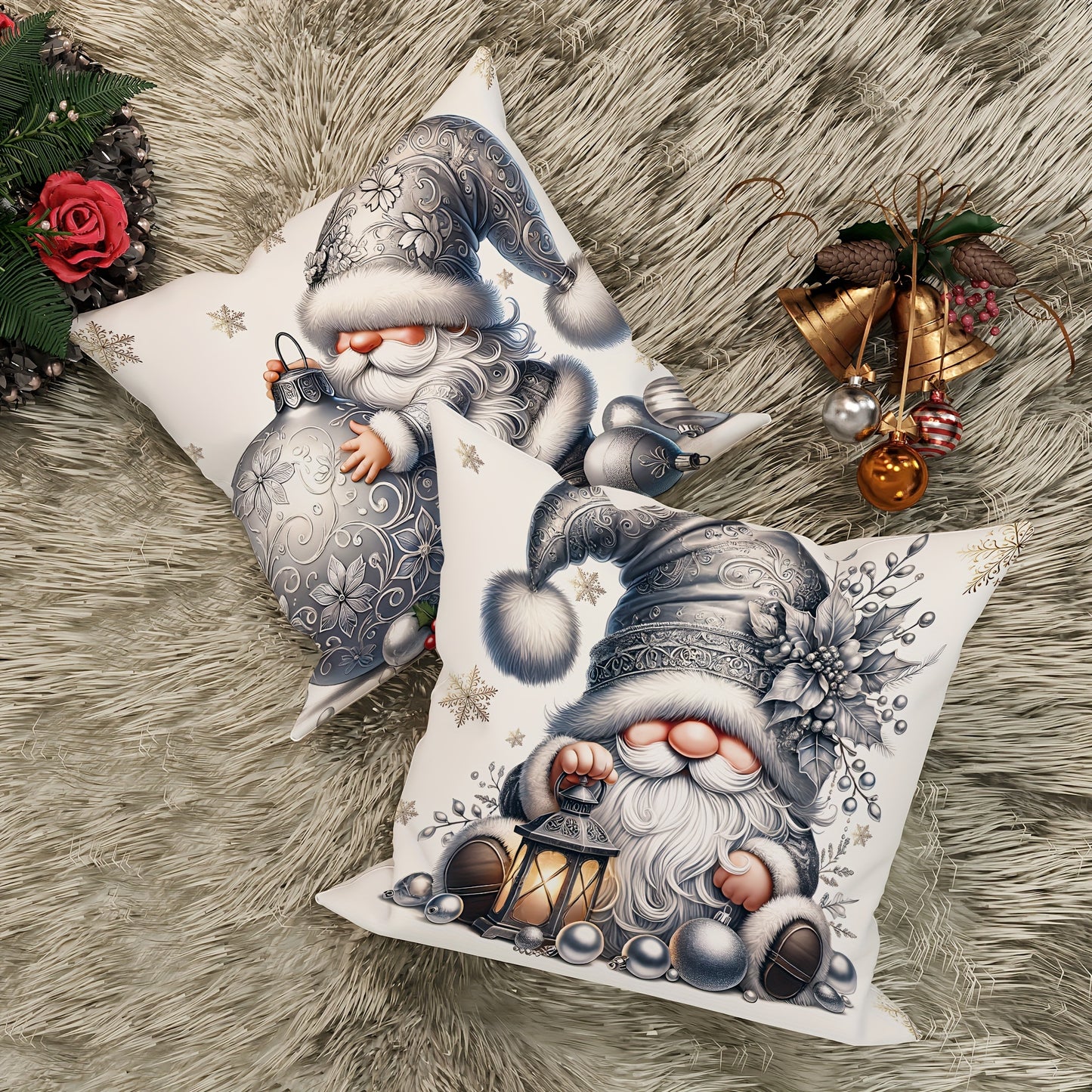 Set of 4 Christmas Gnome and Poinsettia Decorative Cushion Covers, 18x18 Inch, Contemporary Style Zippered Cases for Sofa and Living Room, Machine Washable, 100% Polyester, Woven Fabric Inserts Not Included