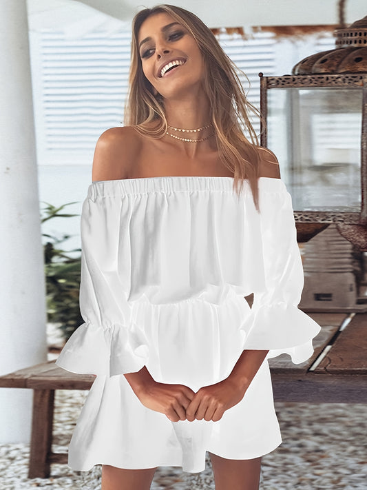 Sixsr Solid Off Shoulder Lantern Sleeve Dress, Casual Summer Pleated Mini Dress, Women's Clothing