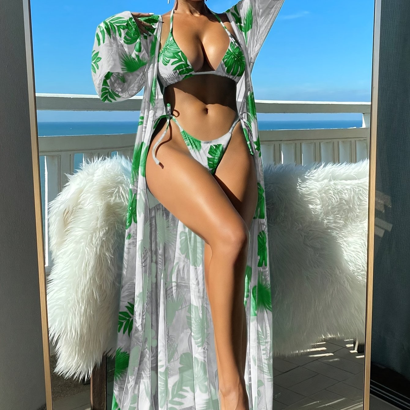 Sixsr  Tropical Leaf Print Stretchy 3 Piece Set Bikini With Long Sleeve Kimono, Halter Stretchy Tie Strap Swimsuits, Women's Swimwear & Clothing