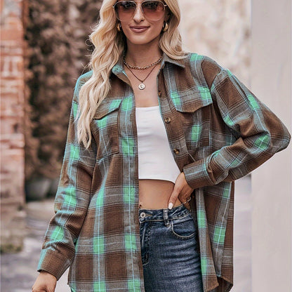 Sixsr Plaid Button Front Shirt, Elegant Long Sleeve Lapel Shirt, Women's Clothing