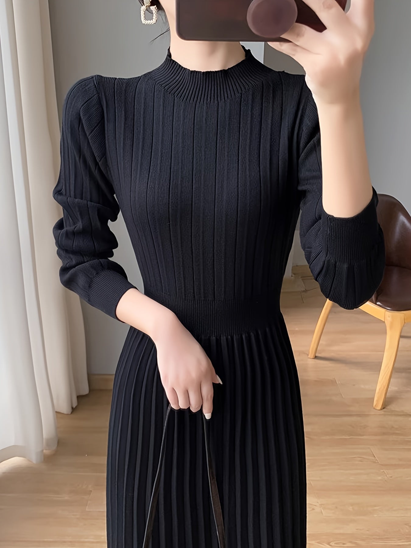 Sixsr Solid Pleated Midi Dress, Elegant Mock Neck Long Sleeve Dress, Women's Clothing