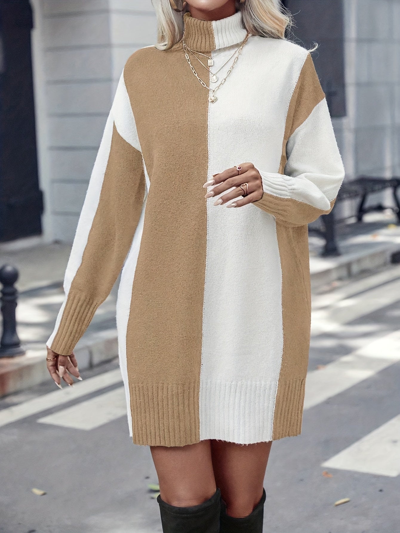 Sixsr Color Block Turtleneck Dress, Elegant Long Sleeve Sweater Dress, Women's Clothing