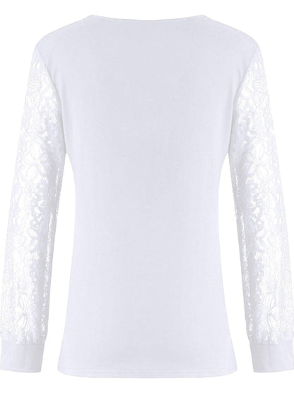 Solid V-neck Contrast Lace T-shirt, Elegant Long Sleeve T-shirt, Women's Clothing