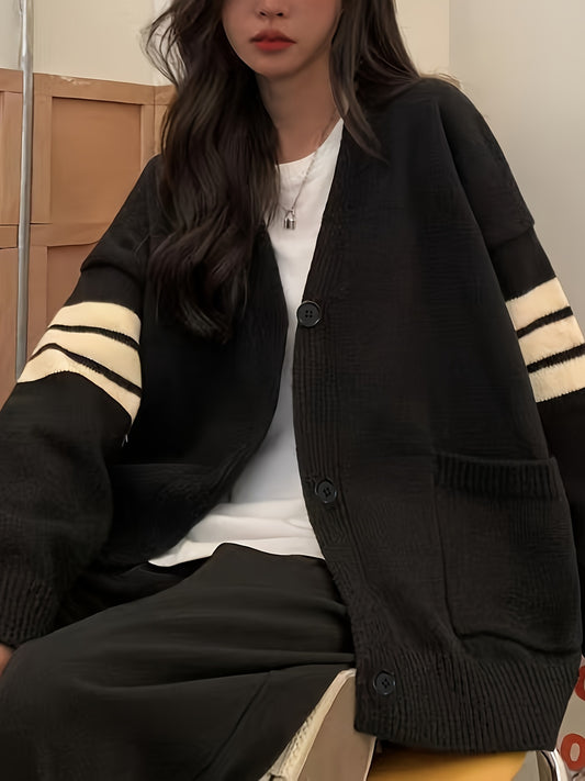 Sixsr Color Block Button Front Cardigan, Long Sleeve Cardigan For Fall & Winter, Women's Clothing