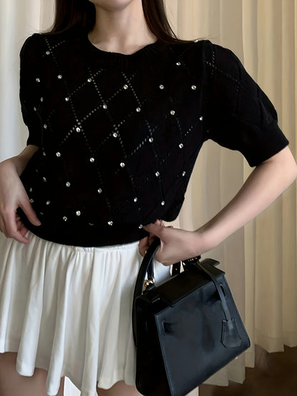 Sixsr Rhinestone Crew Neck Pointelle Knit Sweater, Causal Puff Short Sleeve Pullover Sweater, Women's Clothing