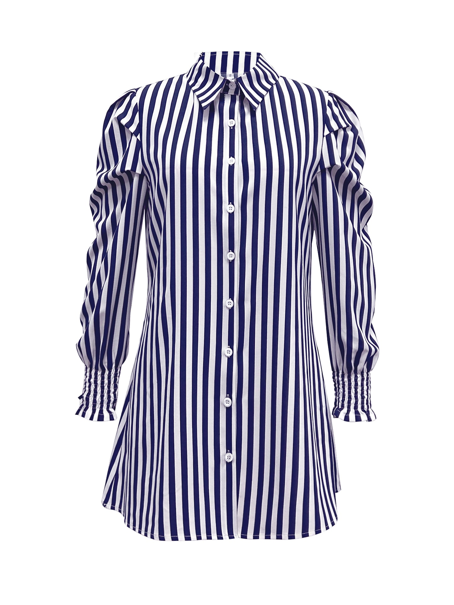 Sixsr Striped Button Front Dress, Elegant Ruched Long Sleeve Lapel Collar Shirt, Women's Clothing