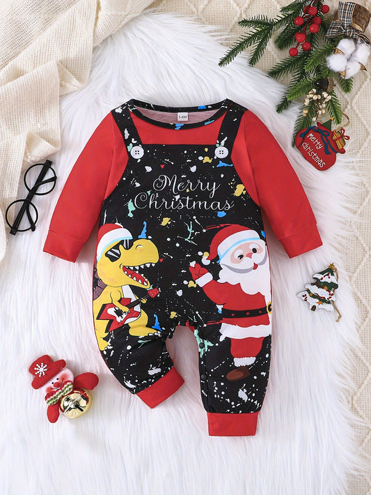 Baby's Cartoon Christmas Dinosaur Santa Pattern Faux Two-piece Long Sleeve Romper, Toddler & Infant Boy's Bodysuit, Suitable For Daily & Outdoor Wear