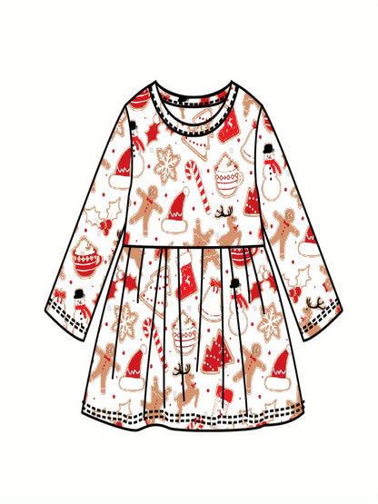 Girls Cute & Sweet Long Sleeve Allover Cartoon Christmas Elements Pattern Dress For Spring & Fall, As Christmas Gifts