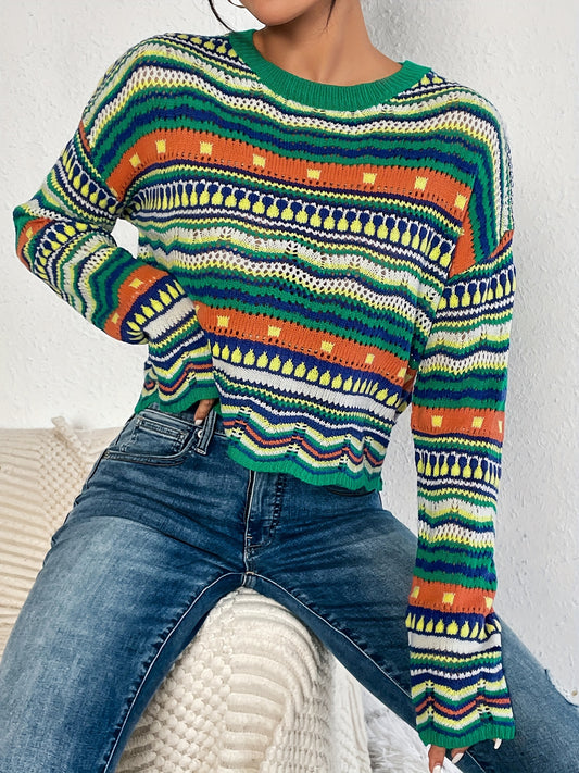 Sixsr Ethnic Print Eyelet Knit Sweater, Casual Crew Neck Long Sleeve Drop Shoulder Sweater, Women's Clothing