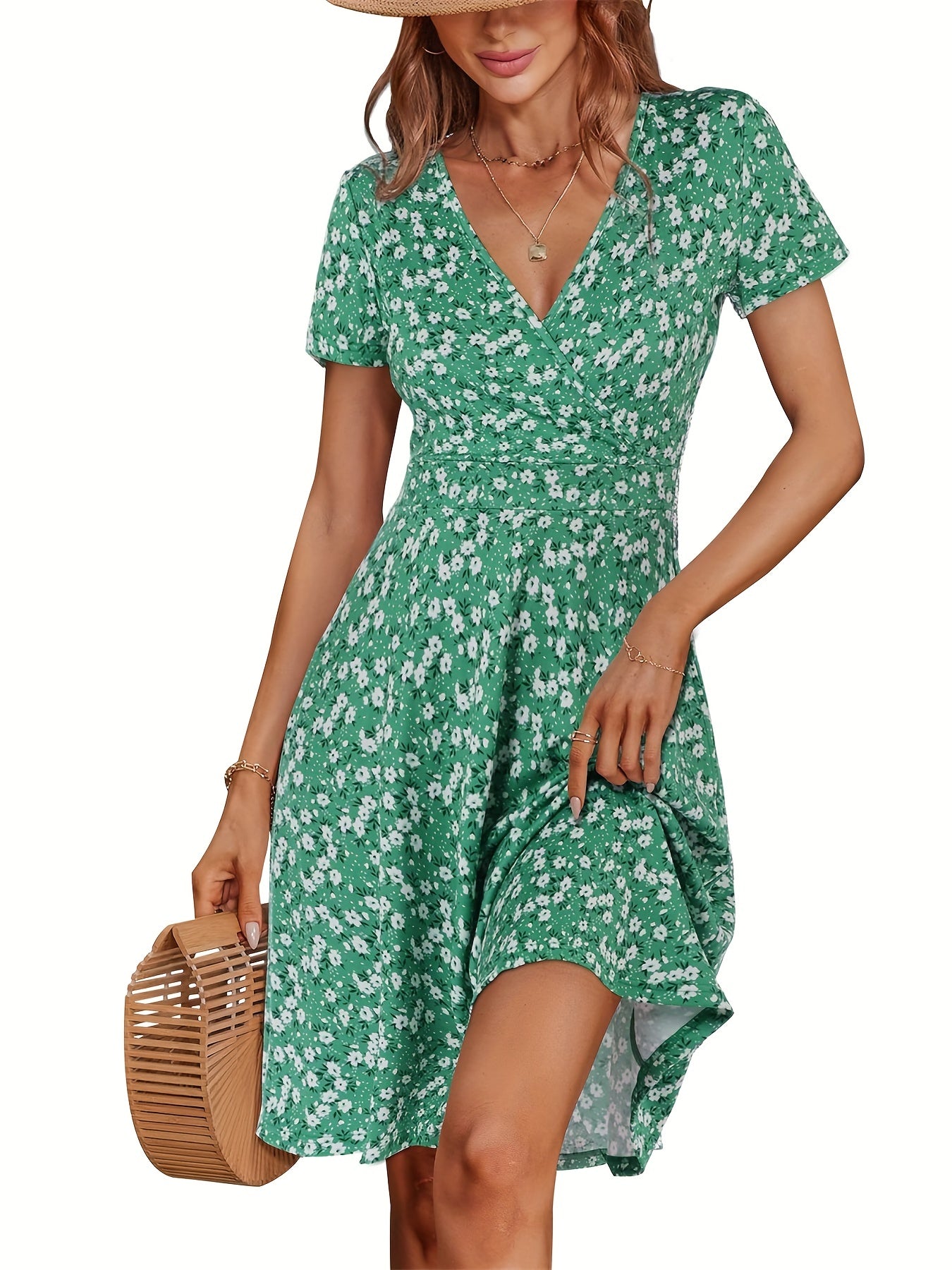 Ditsy Floral Print Dress, Vacation V Neck Short Sleeve Wrap Dress, Women's Clothing