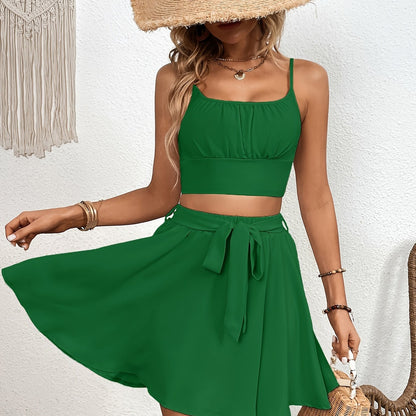 Casual Solid Two-piece Skirt Set, Crop Cami Top & Tie Front Skirt Outfits, Women's Clothing