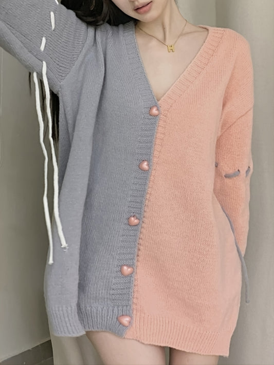 Sixsr Vintage Color Block Cardigan, V-neck Long Sleeve Cardigan For Fall & Winter, Women's Clothing