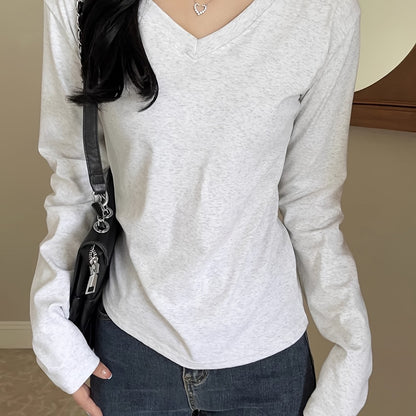 Sixsr Solid Color V Neck T-Shirt, Casual Long Sleeve T-Shirt For Spring & Fall, Women's Clothing