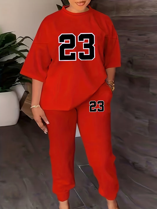Sixsr 23 Number Print Casual Two-piece Set, Crew Neck Simple Tops & Long Length Jogger Pants Outfits, Women's Clothing