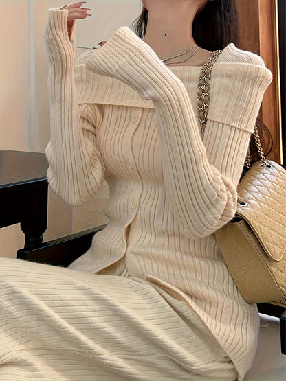 Sixsr Solid Off Shoulder Rib Knit Sweater, Elegant Button Front Long Sleeve Slim Sweater, Women's Clothing