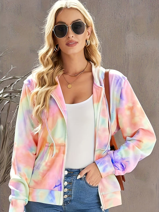Sixsr Plus Size Casual Coat, Women's Plus Tie Dye Long Sleeve Hooded Zipper Coat With Pockets