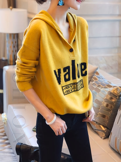 Sixsr Letter Pattern Button Hooded Sweater, Casual Long Sleeve Drop Shoulder Sweater For Fall & Winter, Women's Clothing