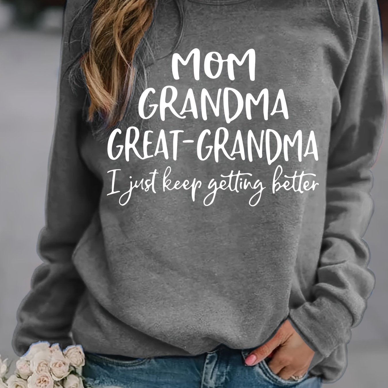 Sixsr Grandma Letter Print Solid Pullover, Long Sleeve Crew Neck Casual Sweatshirt, Women's Clothing