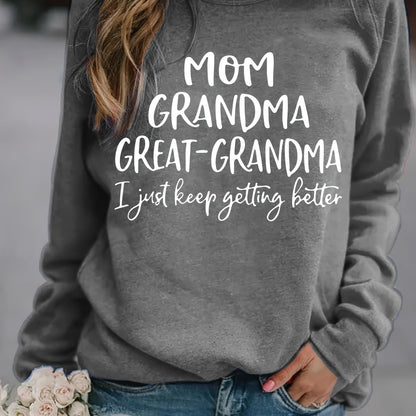 Sixsr Grandma Letter Print Solid Pullover, Long Sleeve Crew Neck Casual Sweatshirt, Women's Clothing