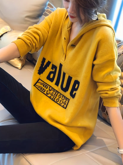Sixsr Letter Pattern Button Hooded Sweater, Casual Long Sleeve Drop Shoulder Sweater For Fall & Winter, Women's Clothing