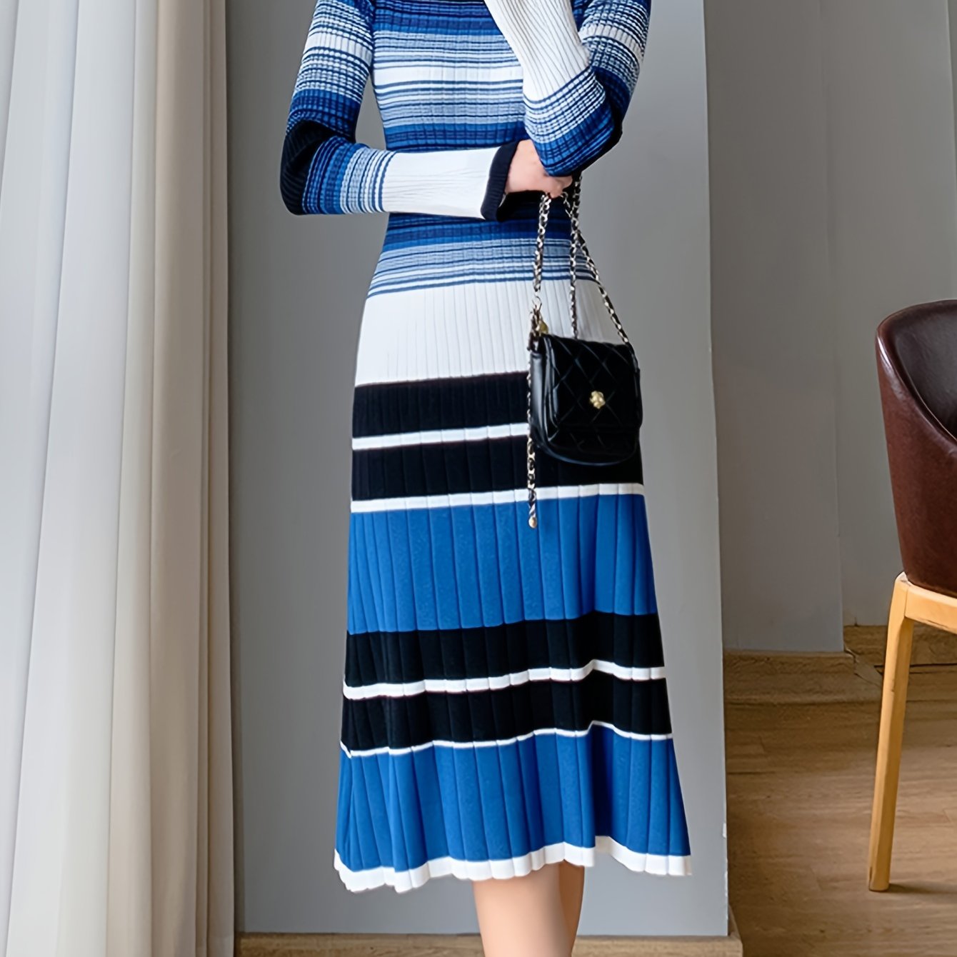 Sixsr Striped Print Long Sleeve Knit Dress, Elegant Crew Neck A-line Dress, Women's Clothing