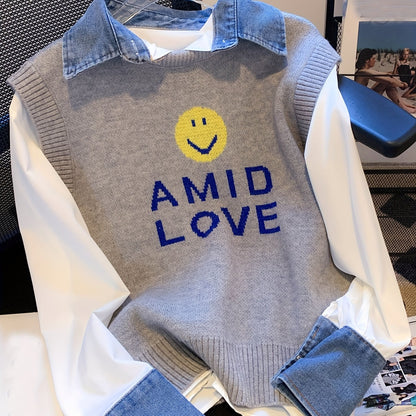 Smile Face & Letter Print Sweater Vest, Casual Sleeveless Vest For Fall & Winter, Women's Clothing