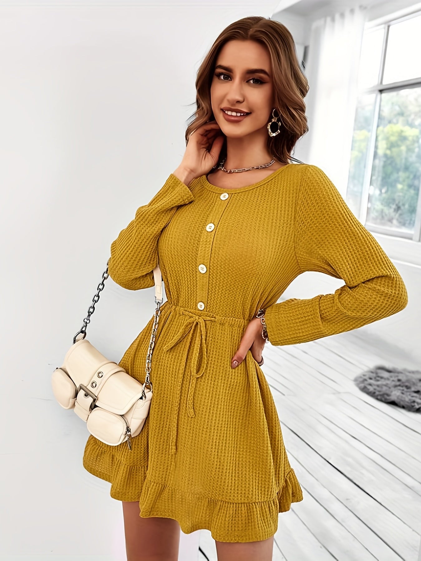 Sixsr Ruffle Hem Button Front Dress, Casual Long Sleeve Crew Neck Drawstring Dress, Women's Clothing