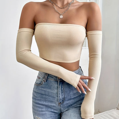 Sixsr Y2K Off Shoulder Solid Crop Top, Sexy Long Sleeve Bodycon Fit T-shirt, Women's Clothing