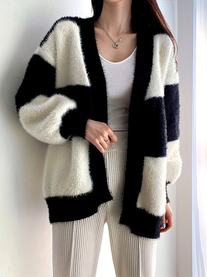 Sixsr Loose Color Block Cardigan, Casual Long Sleeve Cardigan For Fall & Winter, Women's Clothing