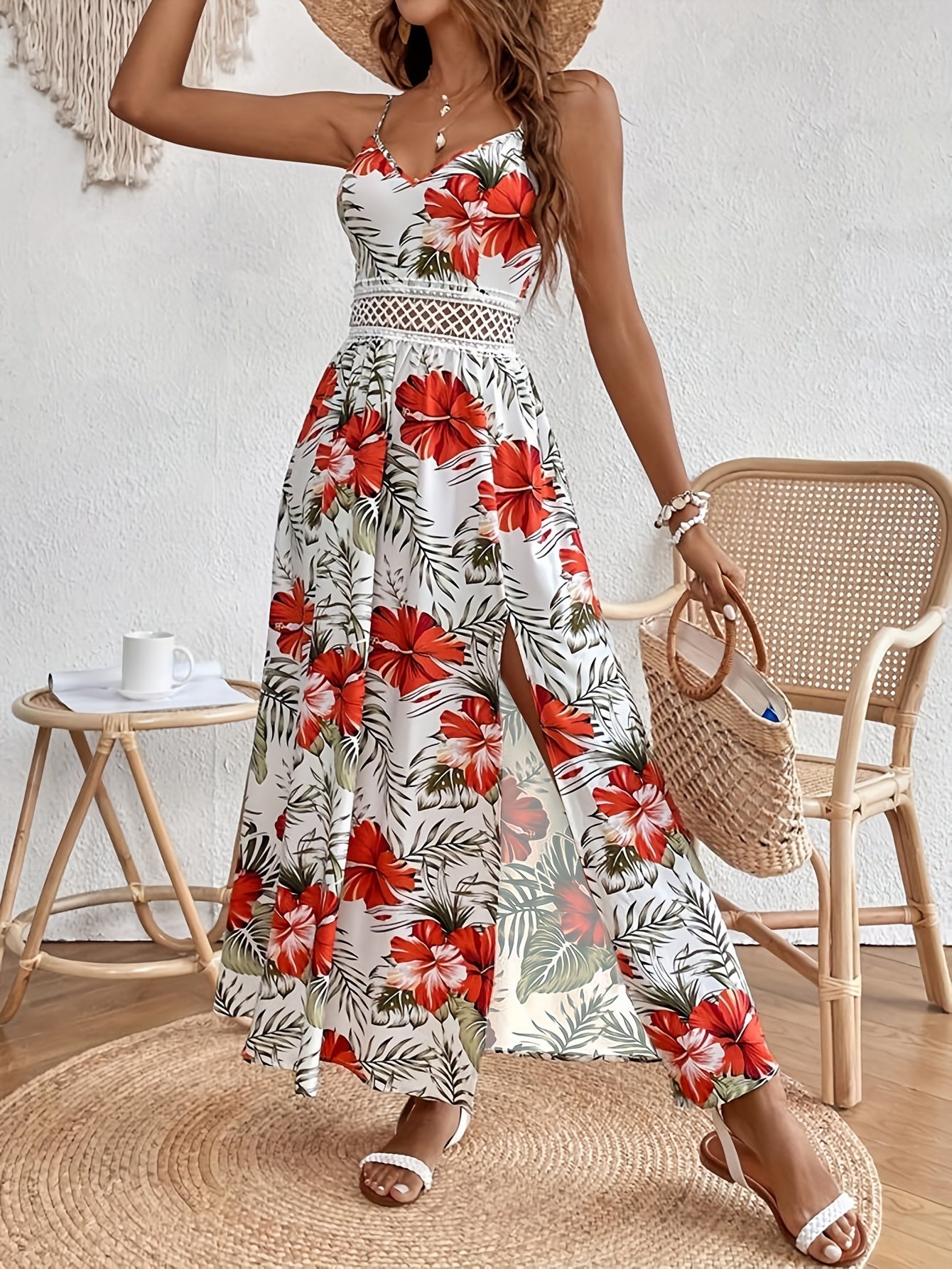 Sixsr Floral Print Spaghetti Strap Dress, Elegant Sleeveless Split Dress For Spring & Summer, Women's Clothing