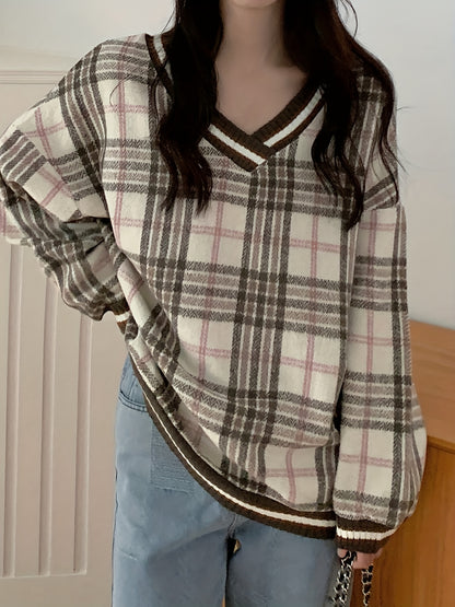 Sixsr Plaid V Neck Pullover Sweater, Casual Long Sleeve Loose Sweater For Fall & Winter, Women's Clothing