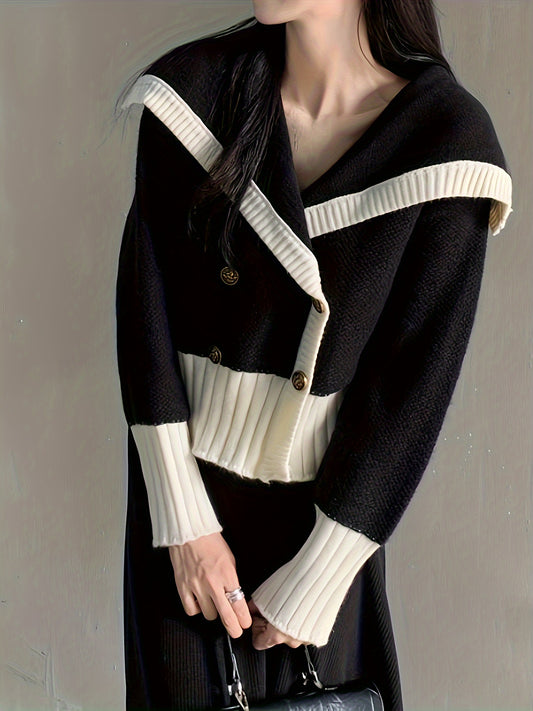 Sixsr Color Block Double Breasted Knit Cardigan, Casual Collared Long Sleeve Thick Sweater, Women's Clothing