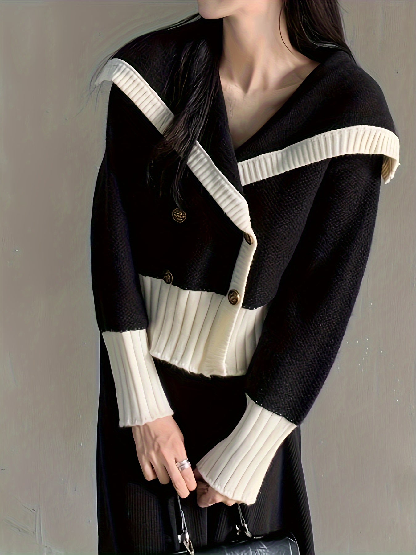 Sixsr Color Block Double Breasted Knit Cardigan, Casual Collared Long Sleeve Thick Sweater, Women's Clothing