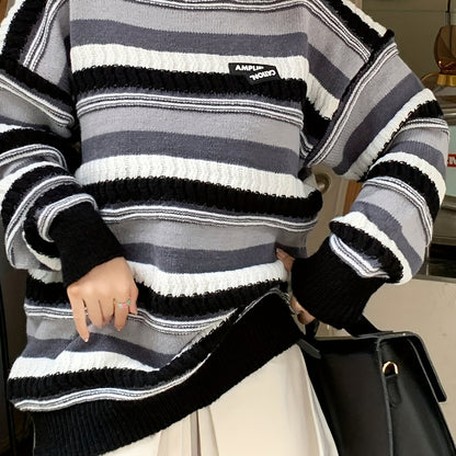 Sixsr Striped Crew Neck Pullover Sweater, Casual Long Sleeve Drop Shoulder Sweater, Women's Clothing