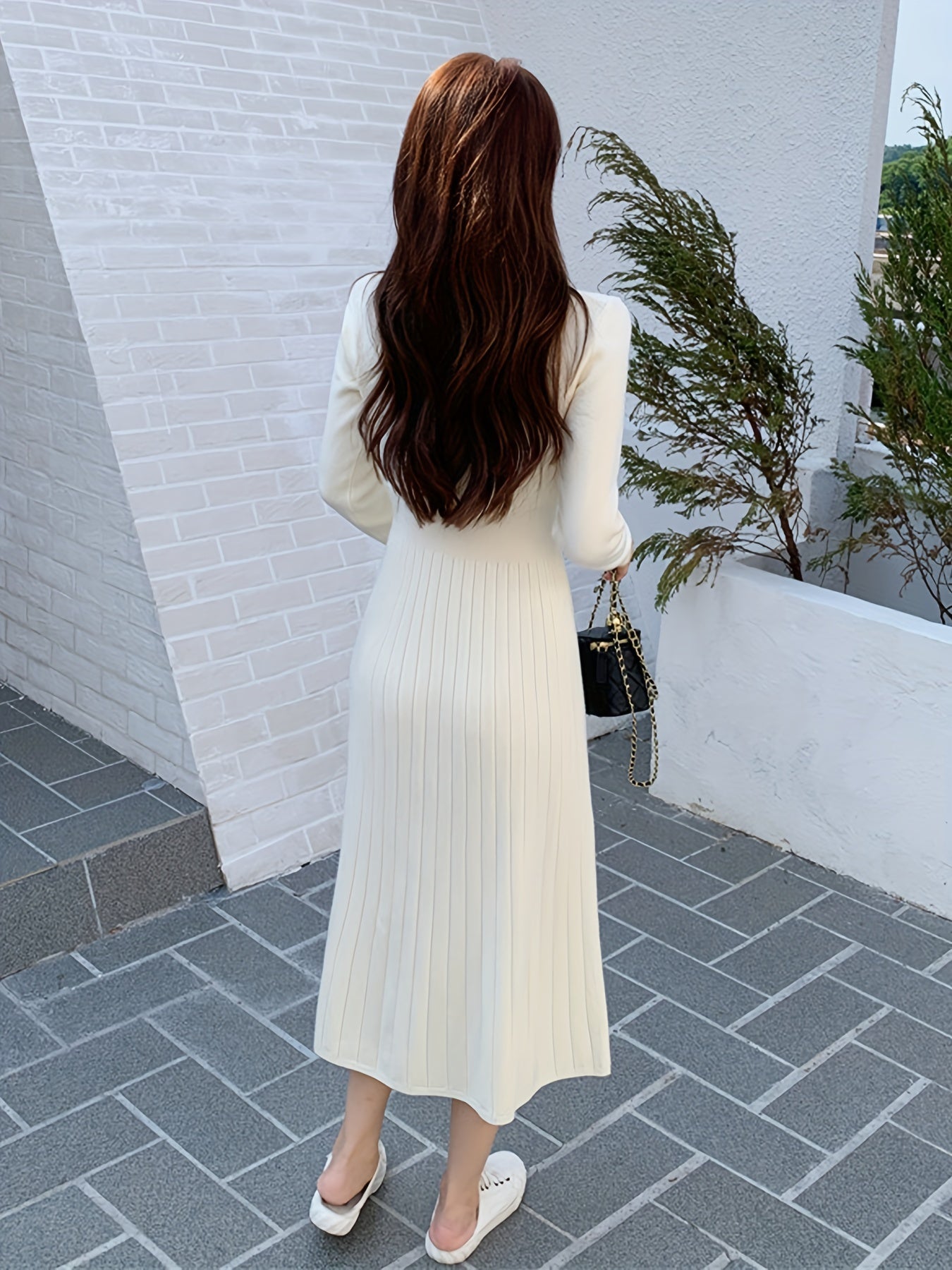 Sixsr Ribbed Button Front Dress, Elegant Solid Long Sleeve Midi Dress, Women's Clothing